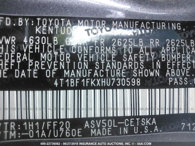 4T1BF1FKXHU730598 - 2017 TOYOTA CAMRY LE/XLE/SE/XSE GRAY photo 9