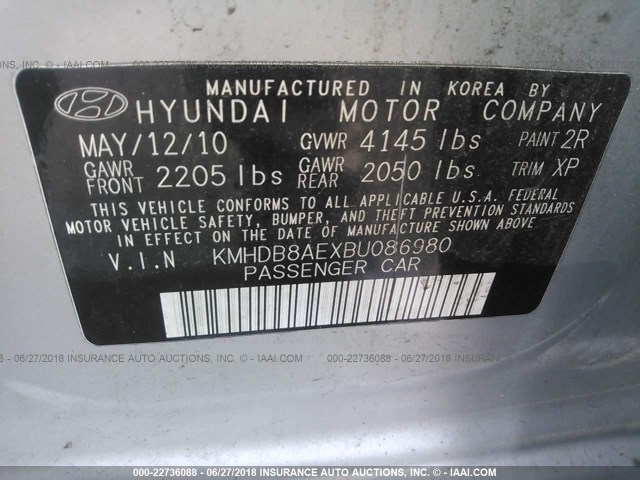 KMHDB8AEXBU086980 - 2011 HYUNDAI ELANTRA TOURING GLS SILVER photo 9