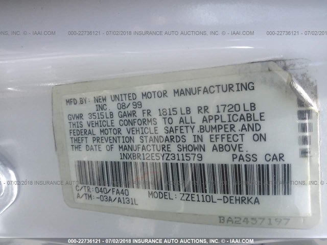 1NXBR12E5YZ311579 - 2000 TOYOTA COROLLA VE/CE/LE 白色 照片 9