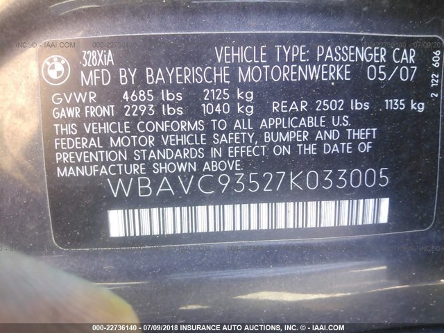 WBAVC93527K033005 - 2007 BMW 328 XI GRAY photo 9