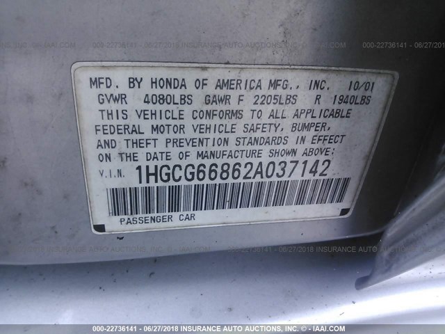 1HGCG66862A037142 - 2002 HONDA ACCORD EX/SE SILVER photo 9