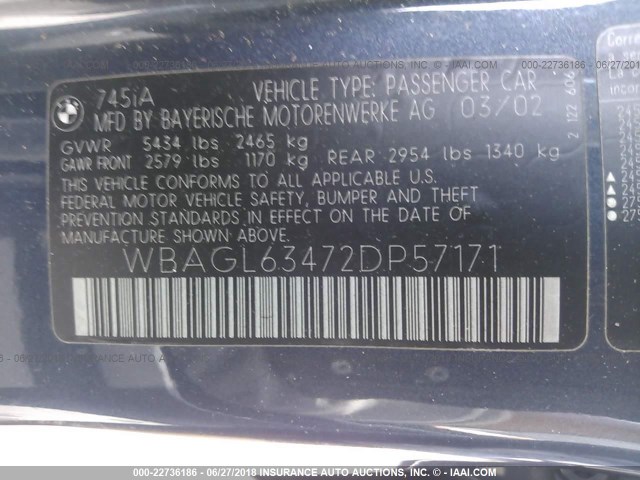 WBAGL63472DP57171 - 2002 BMW 745 I BLUE photo 9