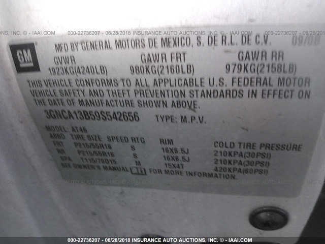 3GNCA13B59S542656 - 2009 CHEVROLET HHR LS ვერცხლისფერი ფოტო 9