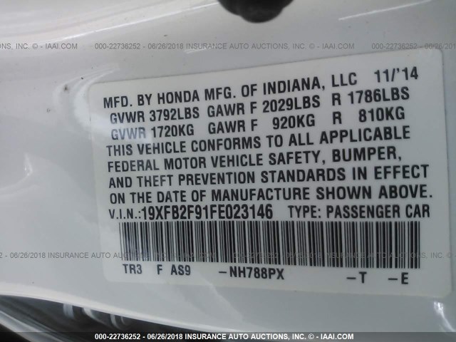 19XFB2F91FE023146 - 2015 HONDA CIVIC EXL 白色 照片 9