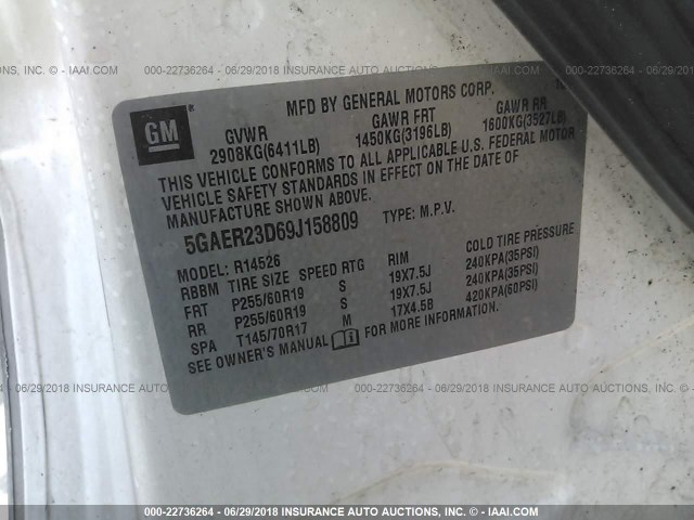 5GAER23D69J158809 - 2009 BUICK ENCLAVE CXL Blanc photo 9