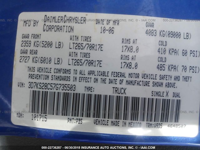3D7KS28C57G735503 - 2007 DODGE RAM 2500 ST/SLT 蓝色 照片 9