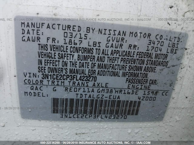 3N1CE2CP3FL423270 - 2015 NISSAN VERSA NOTE S/S PLUS/SV/SL/SR WHITE photo 9