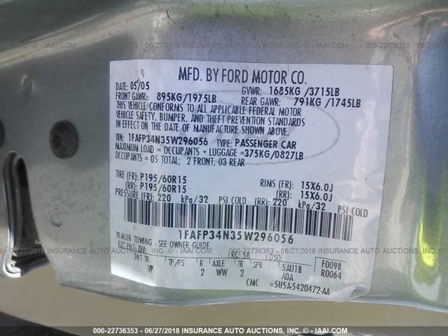 1FAFP34N35W296056 - 2005 FORD FOCUS ZX4 GRAY photo 9