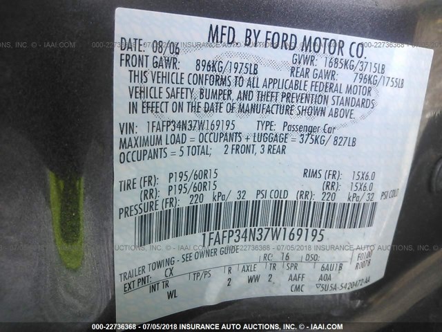 1FAFP34N37W169195 - 2007 FORD FOCUS ZX4/S/SE/SES 灰色 照片 9