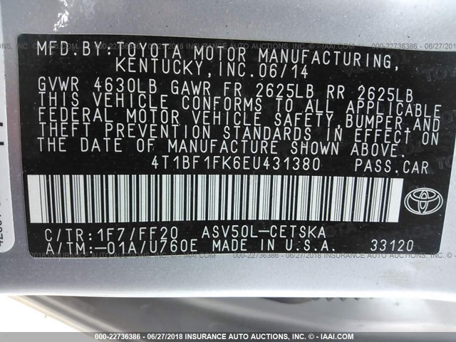 4T1BF1FK6EU431380 - 2014 TOYOTA CAMRY L/SE/LE/XLE 银色 照片 9