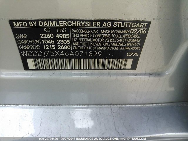 WDDDJ75X46A071899 - 2006 MERCEDES-BENZ CLS 500C SILVER photo 9