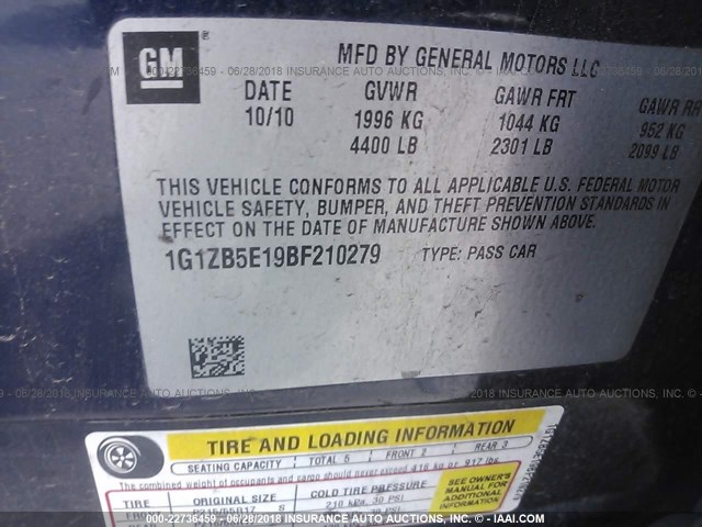 1G1ZB5E19BF210279 - 2011 CHEVROLET MALIBU LS BLUE photo 9