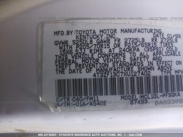 4T3ZF13C7XU127402 - 1999 TOYOTA SIENNA LE/XLE WHITE photo 9