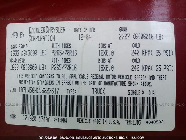 1D7HW58N15S227617 - 2005 DODGE DAKOTA QUAD LARAMIE RED photo 9