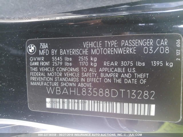 WBAHL83588DT13282 - 2008 BMW 750 I BLACK photo 9