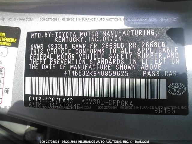 4T1BE32K94U859625 - 2004 TOYOTA CAMRY LE/XLE/SE Gümüş foto 9