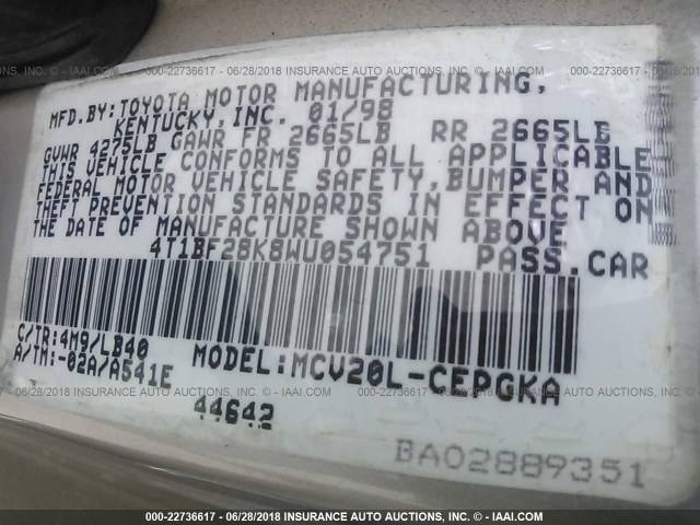 4T1BF28K8WU054751 - 1998 TOYOTA CAMRY CE/LE/XLE GOLD photo 9