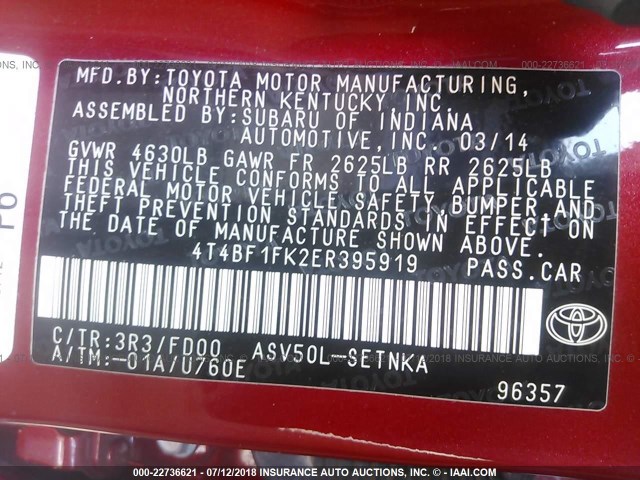 4T4BF1FK2ER395919 - 2014 TOYOTA CAMRY L/SE/LE/XLE 红色 照片 9