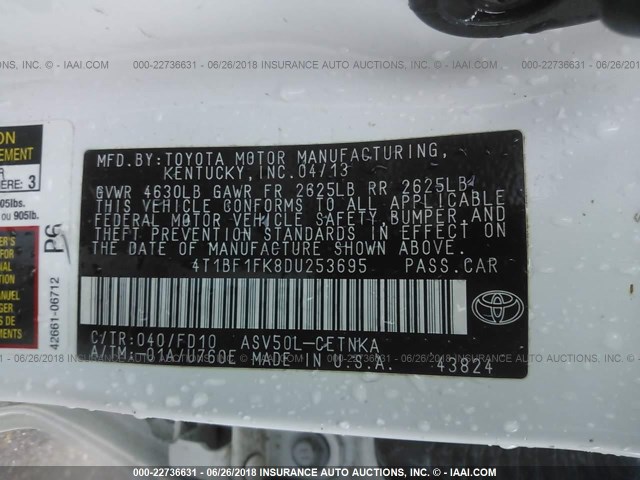 4T1BF1FK8DU253695 - 2013 TOYOTA CAMRY L/SE/LE/XLE 白色 照片 9