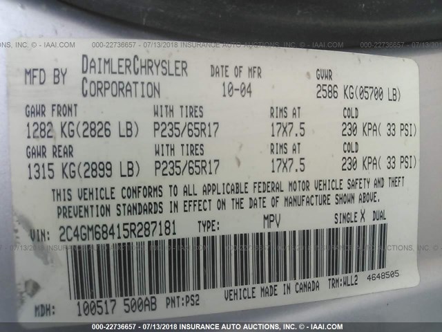 2C4GM68415R287181 - 2005 CHRYSLER PACIFICA TOURING SILVER photo 9
