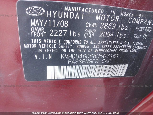 KMHDU46D68U507461 - 2008 HYUNDAI ELANTRA GLS/SE/LIMITED RED photo 9