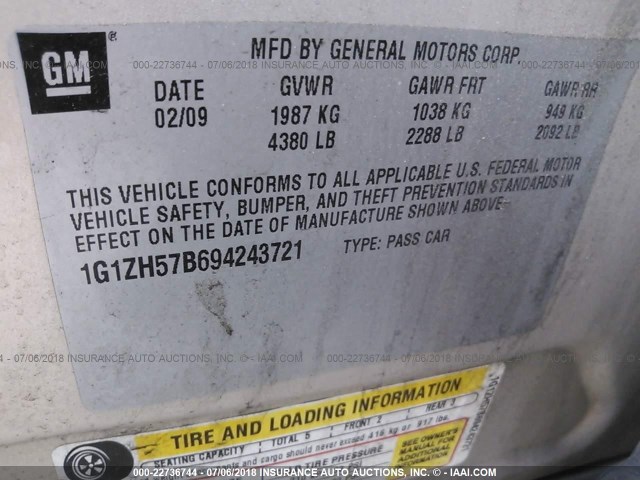 1G1ZH57B694243721 - 2009 CHEVROLET MALIBU 1LT 棕色 照片 9