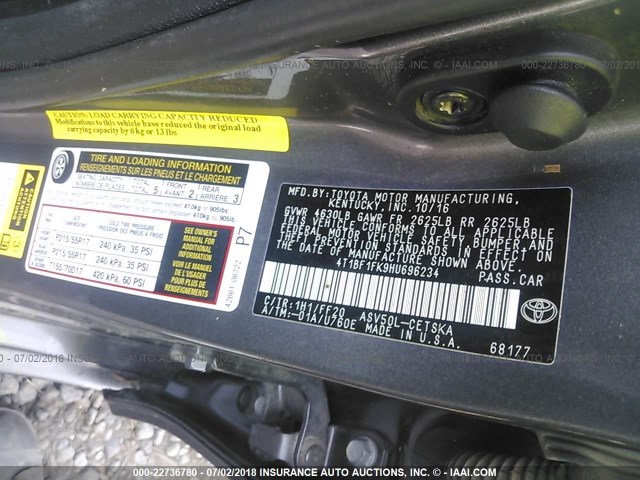 4T1BF1FK9HU696234 - 2017 TOYOTA CAMRY LE/XLE/SE/XSE 灰色 照片 9