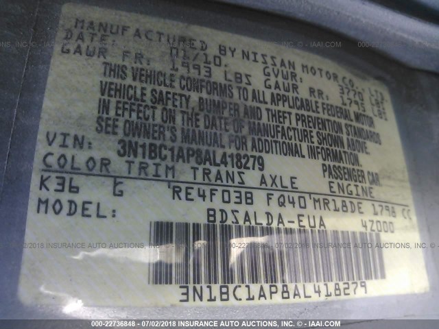 3N1BC1AP8AL418279 - 2010 NISSAN VERSA S/SL GRAY photo 9