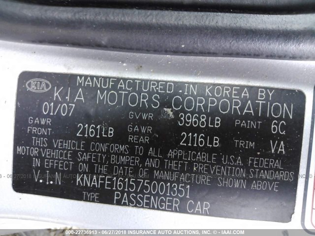 KNAFE161575001351 - 2007 KIA SPECTRA5 SX SILVER photo 9