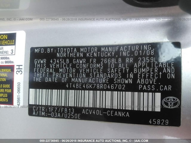 4T4BE46K78R046702 - 2008 TOYOTA CAMRY CE/LE/XLE/SE SILVER photo 9