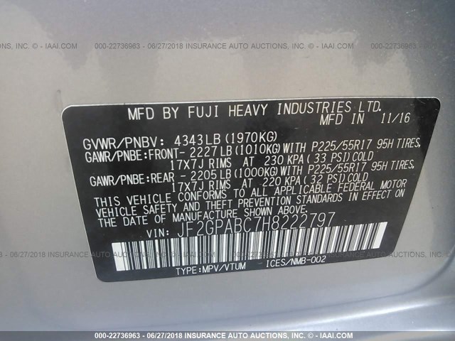 JF2GPABC7H8222797 - 2017 SUBARU CROSSTREK PREMIUM ვერცხლისფერი ფოტო 9