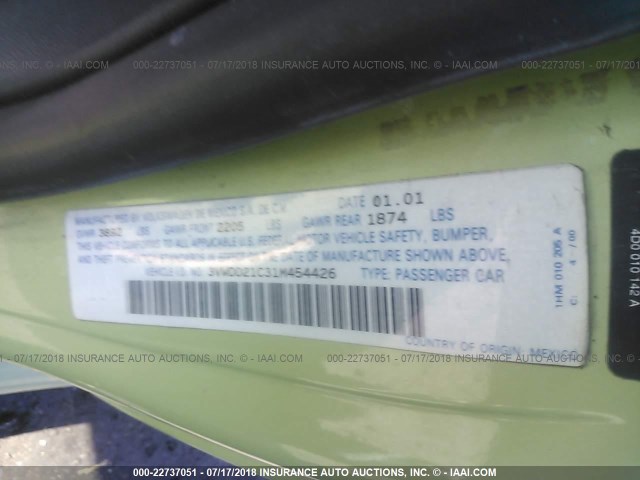 3VWDD21C31M454426 - 2001 VOLKSWAGEN NEW BEETLE GLX 绿色 照片 9