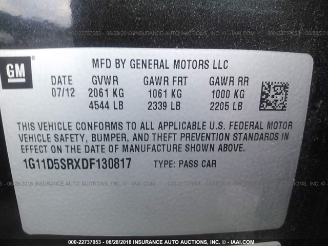 1G11D5SRXDF130817 - 2013 CHEVROLET MALIBU 1LT 黑色 照片 9