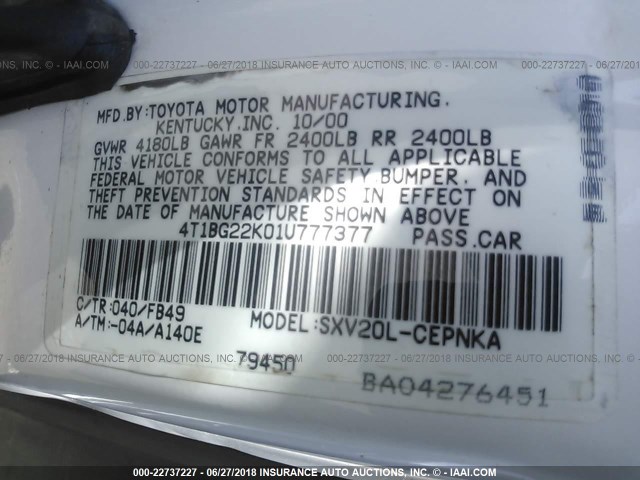 4T1BG22K01U777377 - 2001 TOYOTA CAMRY CE/LE/XLE 白色 照片 9