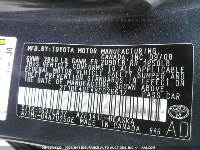 2T1BE40E49C026617 - 2009 TOYOTA COROLLA XRS GRAY photo 9