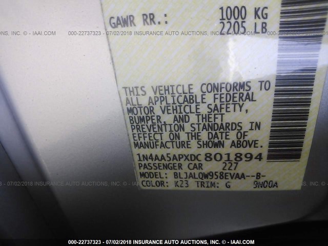 1N4AA5APXDC801894 - 2013 NISSAN MAXIMA S/SV 银色 照片 9