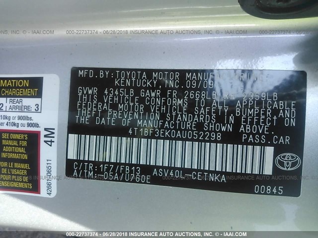 4T1BF3EK0AU052298 - 2010 TOYOTA CAMRY SE/LE/XLE ვერცხლისფერი ფოტო 9