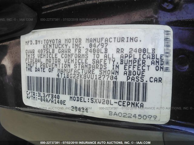 4T1BG22K8VU127704 - 1997 TOYOTA CAMRY CE/LE/XLE 栗色 照片 9