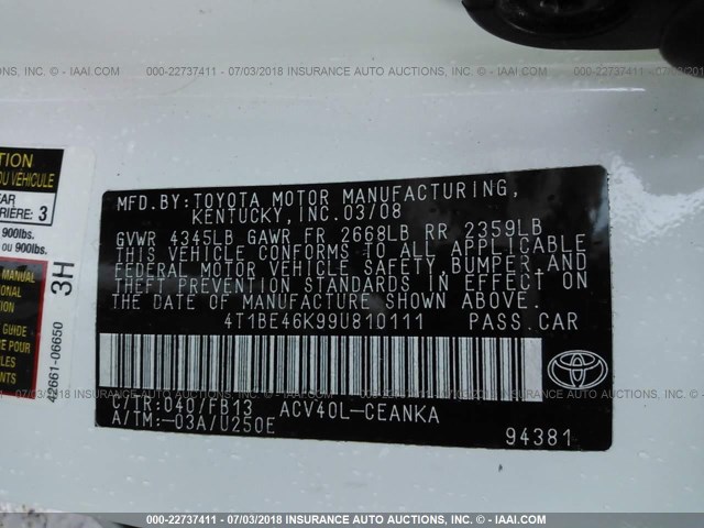 4T1BE46K99U810111 - 2009 TOYOTA CAMRY SE/LE/XLE WHITE photo 9