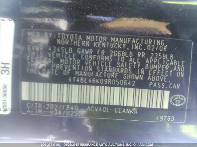 4T4BE46K09R050642 - 2009 TOYOTA CAMRY SE/LE/XLE 黑色 照片 9