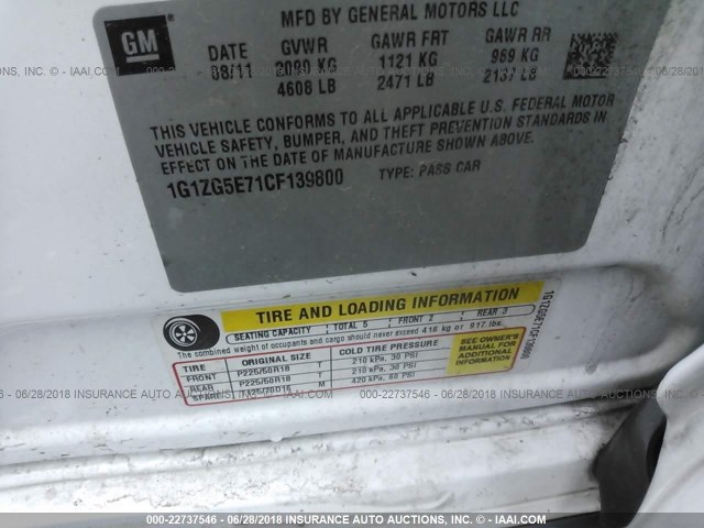 1G1ZG5E71CF139800 - 2012 CHEVROLET MALIBU LTZ 白色 照片 9