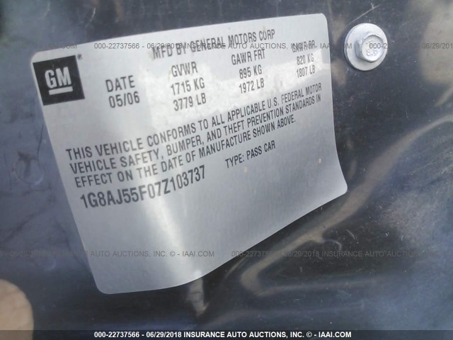1G8AJ55F07Z103737 - 2007 SATURN ION LEVEL 2 GRAY photo 9