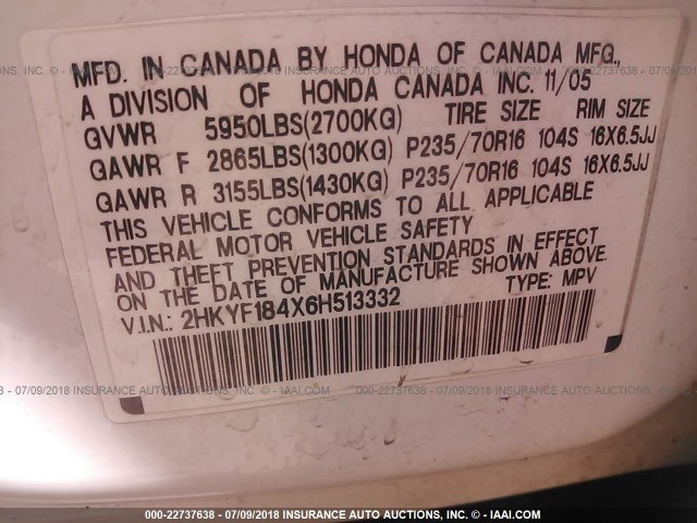 2HKYF184X6H513332 - 2006 HONDA PILOT EX WHITE photo 9