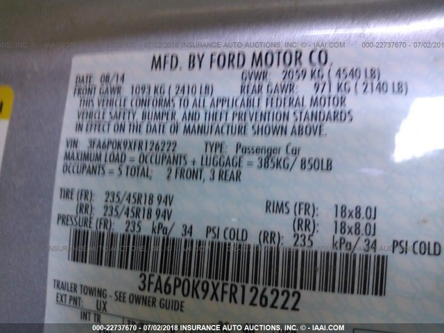 3FA6P0K9XFR126222 - 2015 FORD FUSION TITANIUM SILVER photo 9