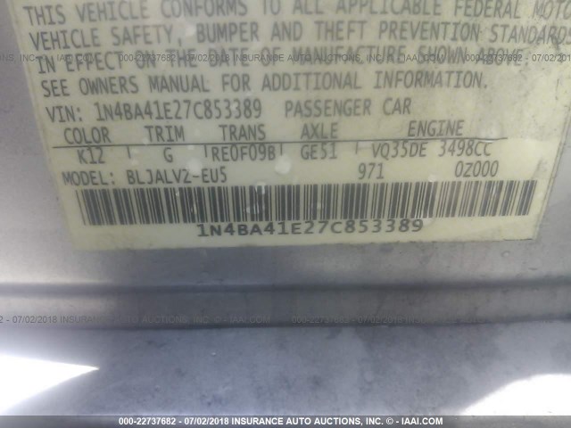 1N4BA41E27C853389 - 2007 NISSAN MAXIMA SE/SL SILVER photo 9