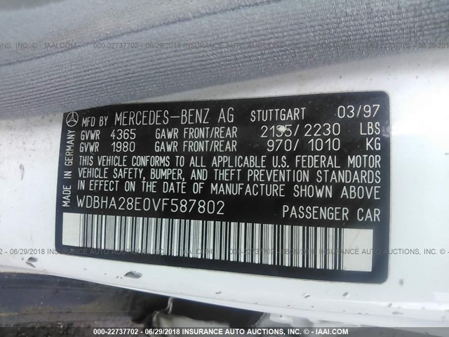 WDBHA28E0VF587802 - 1997 MERCEDES-BENZ C 280 WHITE photo 9