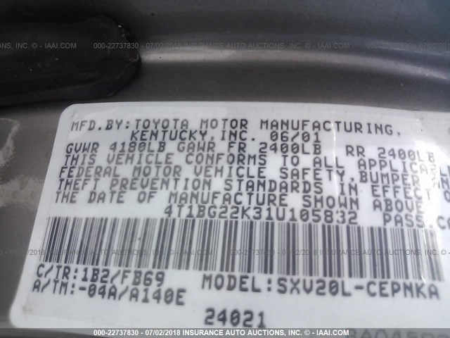 4T1BG22K31U105832 - 2001 TOYOTA CAMRY CE/LE/XLE 棕色 照片 9