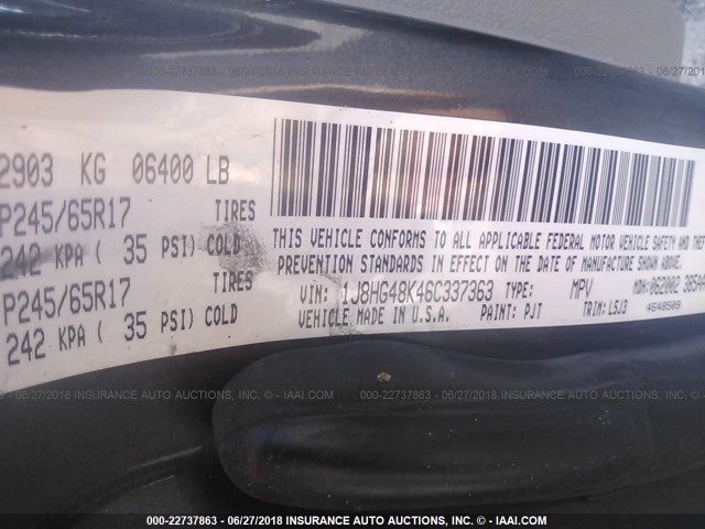 1J8HG48K46C337363 - 2006 JEEP COMMANDER GRAY photo 9