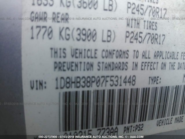 1D8HB38P07F531448 - 2007 DODGE DURANGO SXT SILVER photo 9