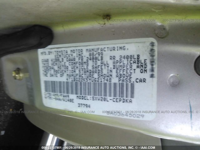 4T1BG22K5YU621748 - 2000 TOYOTA CAMRY CE/LE/XLE TAN photo 9